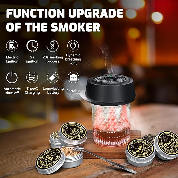 Electric Whiskey Smoker Kit, Rechargeable Cocktail Smoker Kit with 6 Wood Chips, Old Fashioned Smoker Kit Bourbon Drink Smoker Kit Birthday Christmas Gifts for Men, Dad, Husband (No Butane）