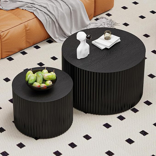 Round Nesting Coffee Table Wood Drum Nesting Tables Modern Stacking Coffee Table Set of 2 Fluted Center Table End Table for Living Room Home Office Small Spaces, No Assembling (Black Large)