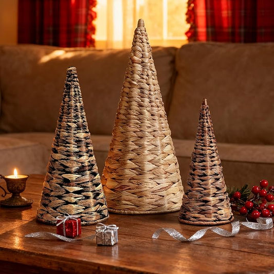 3pcs Woven Water Hyacinth Christmas Trees Decor, Artificial Christmas Tree Decorations for Home Party Table Village Craft Indoor Outdoor Vintage Christmas Decor(Natural+Black+Brown)