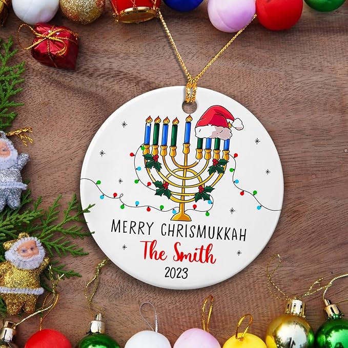 Hanukkah Holiday Christmas, Merry Chrismukkah 2025 Ornament, Personalized Chrismukkah, Hanukkah Ceramic Ornament, Custom Name & Year Christmas Tree Decor, Jewish and Christian Ornament
