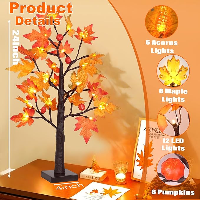 2Pack 24 Inch Prelit Maple Tree Fall Thanksgiving Decor with 48 LED Timer Battery Operated, Lighted 3D Acorn Maple Lampshade Pumpkin Artificial Tabletop Tree Thanksgiving Table Decorations Home Indoor