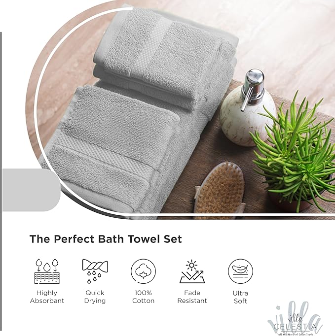 100% Cotton Bath Towel Set of 12-4 Bath Towels, 4 Hand Towels, 4 Wash Cloths, Sustainable, Soft, Highly Absorbent, Combed Cotton 12 Piece Set for Hotels, Spa, Bathroom, Dorm, Silver