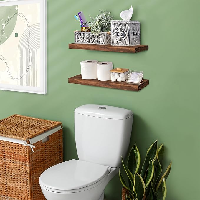 Sorbus Wood Floating Shelves for Wall - 16” Solid Wood Wall Shelves for Bathroom Decor, Books, Bedroom & Living Room - Set of 2 Walnut Wall Mounted Kitchen Shelves - Durable Solid Pine