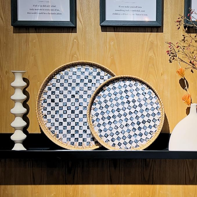 14'' Rattan Checkered Tray with Mother of Pearl, Round Coffee Table Tray Decor, Round Wicker Boho Decorative Woven Serving Tray (Checkerboard)