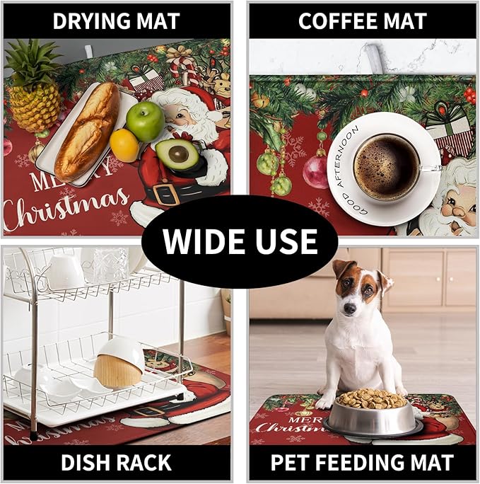 Merry Christmas Dish Drying Mat Santa Claus Kitchen Drainer Mats Microfiber Absorbent Winter Xmas Holiday Dishes Pad Reusable Dish Rack Mat for Countertop Tableware Decor 18x24 Inch