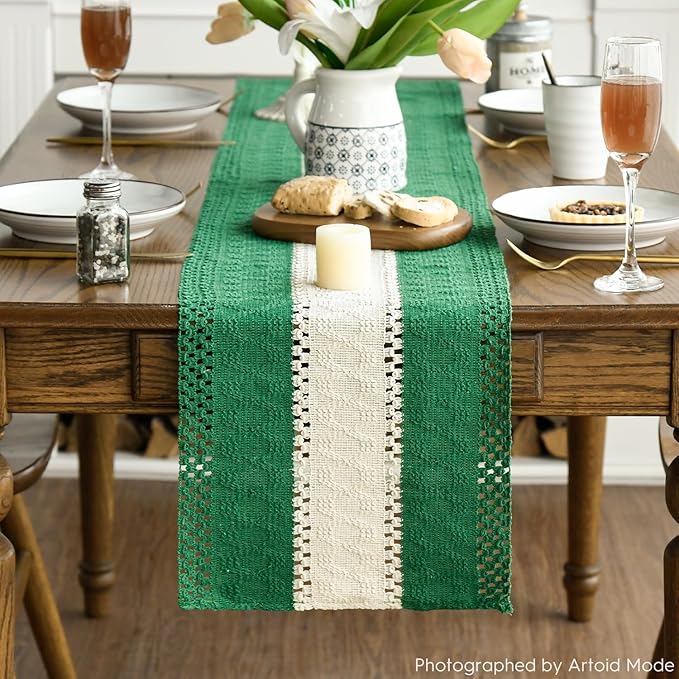 Artoid Mode Dark Green Farmhouse Rustic Table Runner, Seasonal Hollow Kitchen Dining Table Decoration for Home Party Decor 12x108 Inch