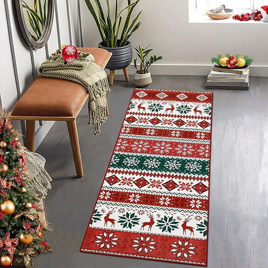 Hallway Runner Rug 2x6 Washable Christmas Runner Indoor Non-Slip Xmas Decorative Throw Floor Covers Boho Accent Festival Xmas Rug Farmhouse Rug Geometric Carpet for Living Room Bedroom, Red