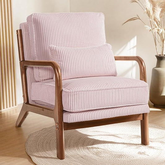 FLEXISPOT AC1 Mid Century Modern Accent Chair with Wood Frame, Corduroy Upholstered Armchair with Thickened Backrest & Lumbar Pillow, Comfy Reading Chair for Living Room, Bedroom, Balcony (Pink)