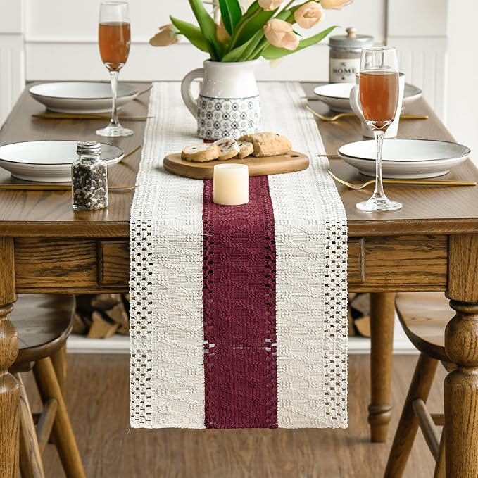 Artoid Mode Red Farmhouse Rustic Table Runner, Seasonal Holiday Hollow Kitchen Dining Table Decoration for Home Party Decor 12x108 Inch