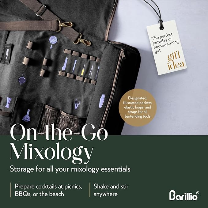 Barillio Bartender Kit Bag with Cocktail Shaker Set - Waxed Canvas, Traveling Bar Tools Bag with 17-Pc Cocktail Kit - Travel Mixology Bartending Kits - Mobile Bar Roll with Strap & Accessories