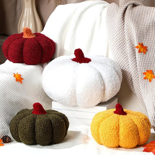 Kajaia 4 Pcs Fall Decor Pumpkin Throw Pillow Fall Pillow 11 Inches 7 Inches 3D Cushion Thanksgiving Sherpa Plush Fluffy Stuffed for Autumn Halloween Christmas Home Sofa(White,Rust Red,Yellow,Green)