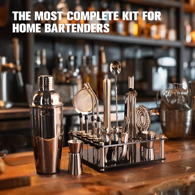 KINGROW Cocktail Shaker Set 29-Piece Bartender Kit with Rotating Stand | Bar Set Drink Mixer Set with All Essential Accessory Tools for Drink Mixing, Home, Bar, Party |Sliver