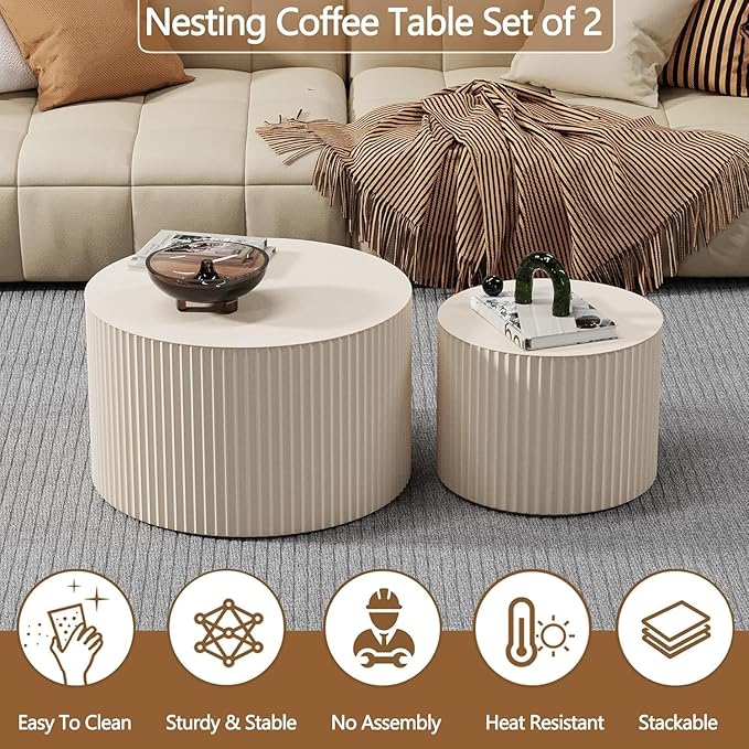 Nesting Coffee Tables Set of 2 Wooden Round Coffee Table Circle Nesting Table Space-Saving Design Modern Coffee Table Round Accent Tables Set for Living Room Bedroom Office (White B D18.9+D15)