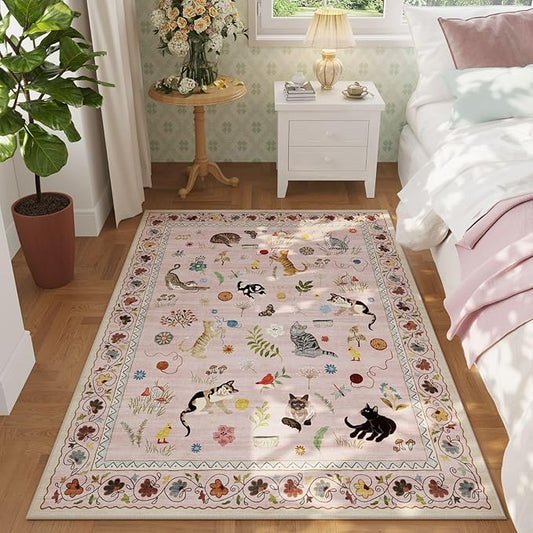 Rugcomf Bedroom Rug 3x5 Rug Washable Area Rug Non Slip Low Pile Boho Floral Animal Cat Small Carpet for Bedroom Bedside Kitchen Entryway Kids Room Office College Dorm Essentials for Girls, Pink