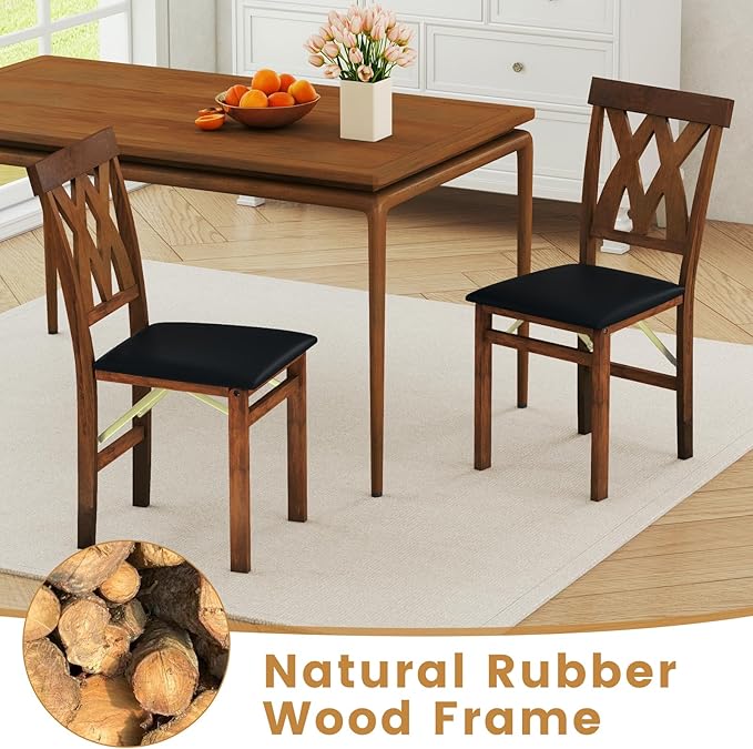GOFLAME Folding Dining Chairs Set of 4, Foldable Kitchen Chairs with PVC Leather Padded Seat and Rubber Wood Frame, Elegant Hollowed Backrest, Wooden Dinner Chair Set for Dining Room, Walnut