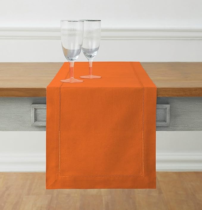 Solino Home Cotton Linen Table Runner 48 Inches - Pumpkin Hemstitch Table Runner 14 x 48 Inch Ideal for Dresser and Coffee Tables - Fall, Autumn, Halloween, Thanksgiving, Holiday