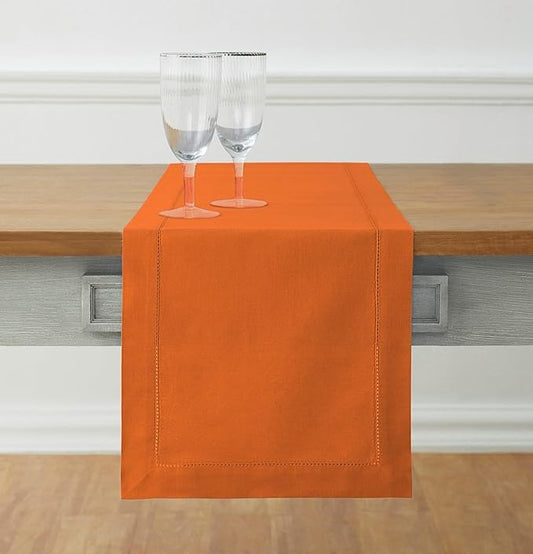 Solino Home Cotton Linen Pumpkin Table Runner 108 Inches Long - Hemstitch 14 x 108 Inch Table Runner for Fall, Autumn, Halloween, Thanksgiving, Holiday - Handcrafted and Machine Washable