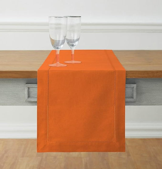 Solino Home Cotton Linen Pumpkin Table Runner 120 Inches Long - Hemstitch 14 x 120 Inch Table Runner - Handcrafted and Machine Washable - Fall, Autumn, Halloween, Thanksgiving