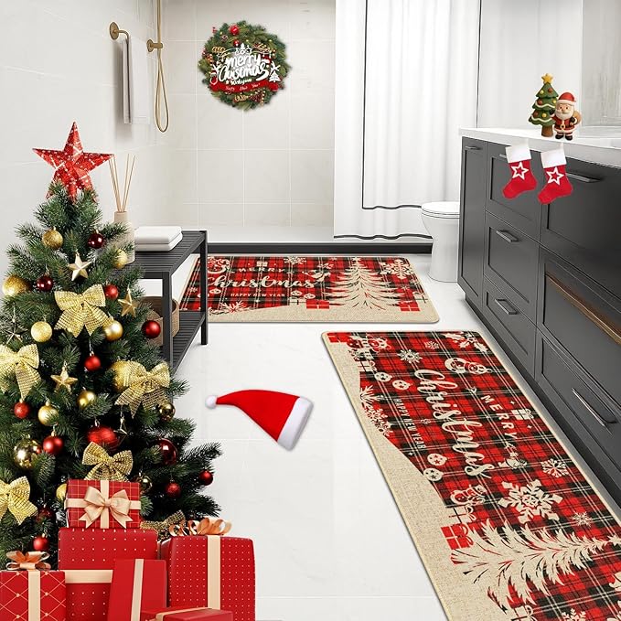 Christmas Red Buffalo Plaid Kitchen Rugs and Mats Non Skid Washable Set of 2, Tree Snowflake Xmas Kitchen Mats for Floor Decor