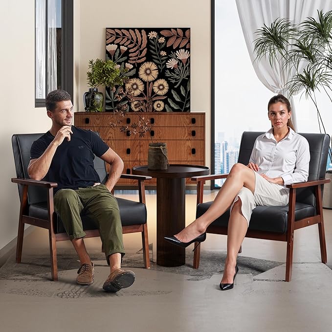 STHOUYN Black Leather Accent Chair for Office, Waiting Room Lobby Chair with Wooden Arms, Mid Century Modern Small Armchair Living Room Sofa Set (Black (Chair))