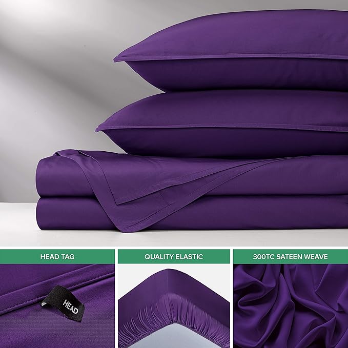 Full Sheets by Pure Bamboo, Genuine 100% Organic Viscose Derived from Bamboo Bed Sheet Set, Luxuriously Soft & Cooling, Double Stitching (Full, Purple)