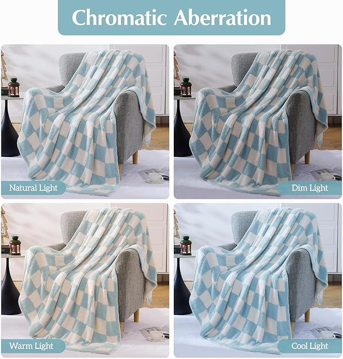 WRENSONGE Checkered Throw Blanket, Sky Blue Soft Cozy Fluffy Warm Hand Made Throw Blankets for Couch, Sofa, Chair, Bed, Camping, Picnic, Travel Lightweight Bed Blanket - 50"*70"