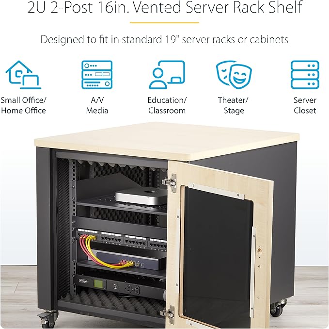 StarTech.com 2U Vented Server Rack Shelf, 16in/41.5cm Mounting Depth, for 19" Rack/Cabinet, SPCC Steel, Max 44lb/20kg