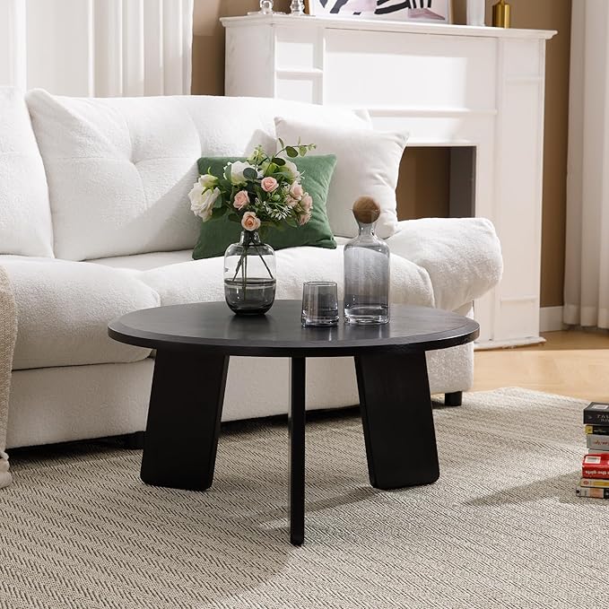 Mid Century Modern Coffee Table Wood Living Room Table Cute Round Coffee Table Center Table Side Table for Living Room Office Reception Room, Black