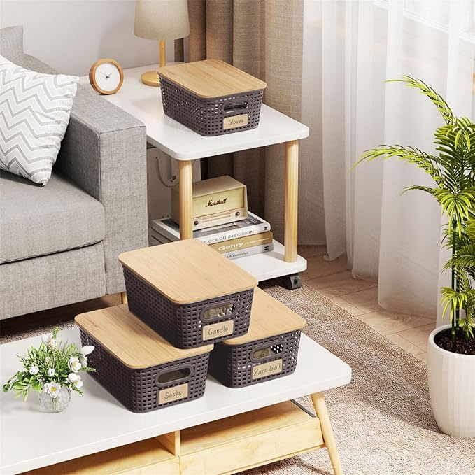 Small Storage Bins with Bamboo Lids, Decorative Plastic Storage Box with Lids, 5QT Stackable Organizing Baskets with Lable for Classroom, Office, Desktop, Closet, Shelf, 10x7.1x4.1 In, Brown, 6 Pack