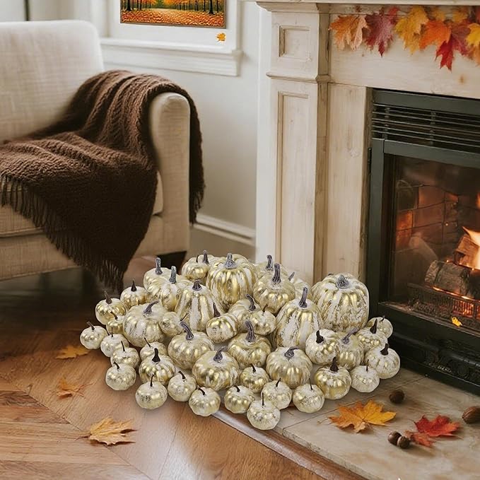 winemana 46 Pcs Assorted Size Artificial Pumpkins Fall Decorations, Gold Foam Pumpkin Autumn Decor, Decorative Faux Pumpkin for Halloween Thanksgiving Table Centerpiece Mantle Bowl Wedding Party