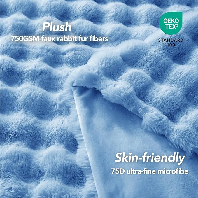 L'AGRATY Faux Fur Throw Blanket: 50" x 60" Luxury Soft Fluffy Rabbit Fur Blankets Twin for Couch Bed Sofa - Cozy Plush Bubble Blankets for Winter: Flannel Fleece Decorative Blanket(Airy Blue)