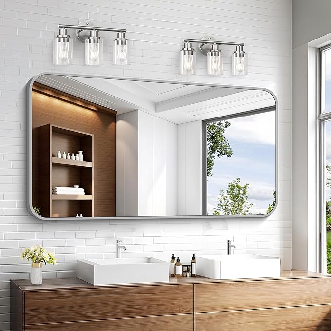 KOCUUY Silver Bathroom Mirror, 30 x 55 inch Metal Frame Mirror with Rounded Corner, Rectangle Design of Upgraded Shatterproof Glass for Bathroom, Bedroom, Living Room, Entryway