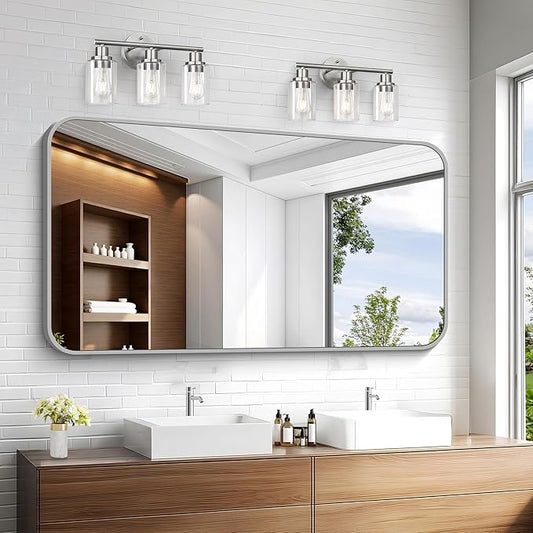 KOCUUY Silver Bathroom Mirror, 30 x 55 inch Metal Frame Mirror with Rounded Corner, Rectangle Design of Upgraded Shatterproof Glass for Bathroom, Bedroom, Living Room, Entryway