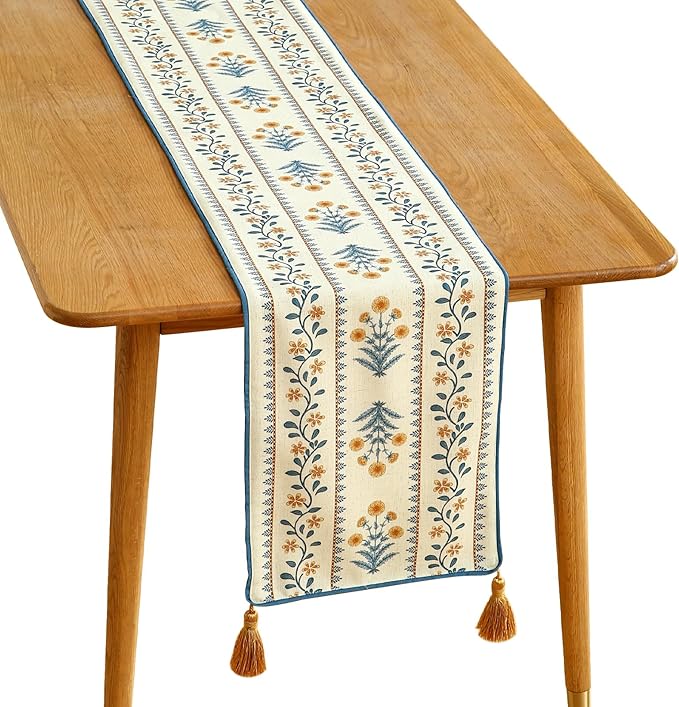 ISAENNE Designer Pale Yellow Elegant Linen Table Runner 71 Inches Long,French Floral Pattern Elegant Table Runners for Dining Tables,Thanksgiving,Kitchen Tables,Christmas,12"*71"-Estevan A