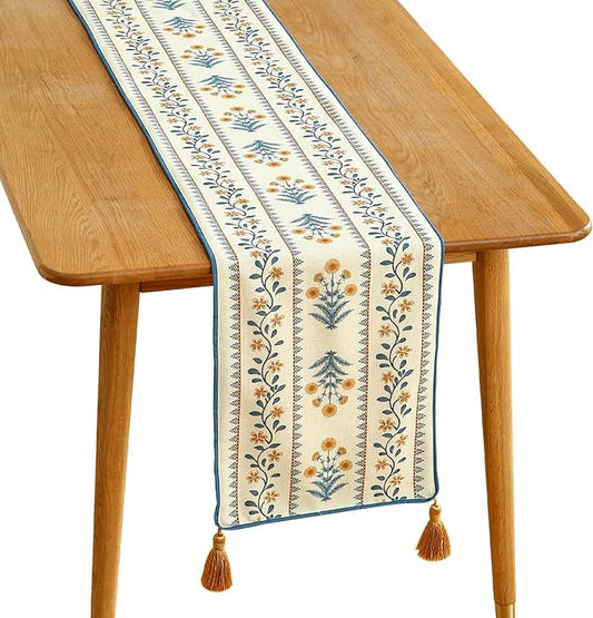 ISAENNE Designer Pale Yellow Elegant Linen Table Runner 102 Inches Long,French Floral Pattern Elegant Table Runners for Dining Tables,Thanksgiving,Kitchen Tables,Christmas,12"*102"-Estevan A