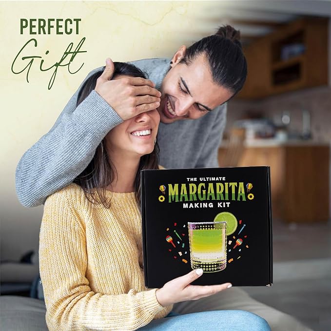 Margarita Kit Gift Set - 5 Botanicals - 2 Glasses - Stainless Steel Shaker & Jigger - Citrus Squeezer - Lime Infused Salt - Dried Lime - Recipe Book - Infusion Cocktail Kit - Basket Gift Set For Women