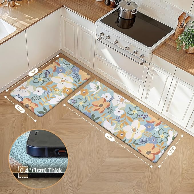 GENIMO Kitchen Mats for Floor 2PCS, Cushioned Kitchen Rugs Non Slip Washable, Farmhouse Anti Fatigue Mat Waterproof, Comfort Standing Mat Rug for Office, Home, Laundry, 17.3"x47"+17.3"x30", Aqua