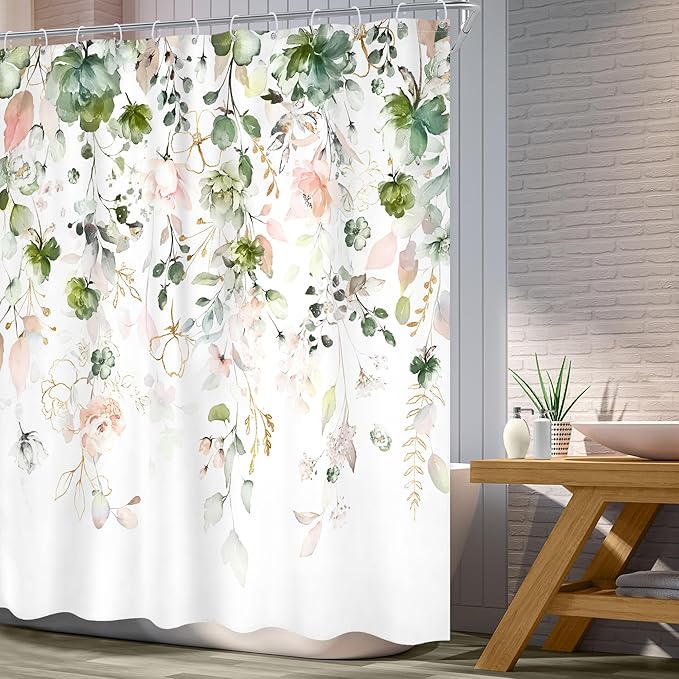 Summer Green Pink Floral Flower Shower Curtain 60Wx72L Inch Spring Floral Eucalyptus Leaves Wildflower Gold Plant Pretty Botanical Bathroom Set Girl Bath Curtain Bathtub Accessories Home Decor