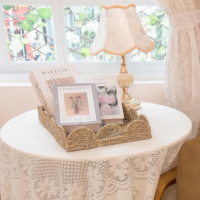 KOKODO Set of 2 Scalloped Wicker Baskets – Handwoven Seagrass Storage Baskets with Handles for Organizing, Bathroom, Living Room & Shelf Décor – Decorative Rattan Organizing Tray