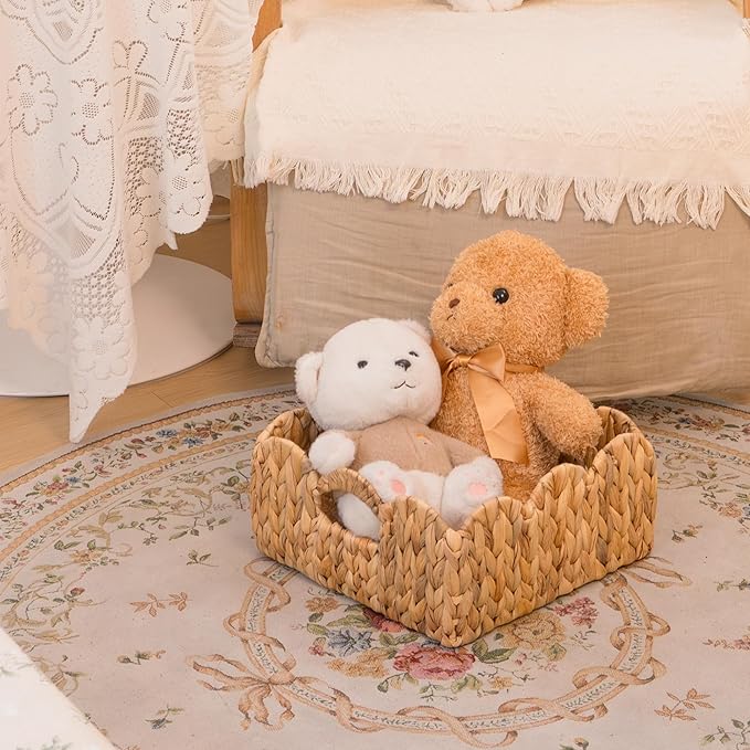 KOKODO Set of 2 Scalloped Wicker Baskets, Handwoven Water Hyacinth Decorative Bins with Handles for Home Decor & Organizing