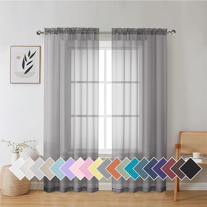 Aiyufeng 2 Panels Sheer Window Curtains 72 Inches Length, Elegant Window Voile Panels/Drapes/Treatment/Backdrop for Living Room Wedding Party Home Decor (40W x 72L inches, Gray)