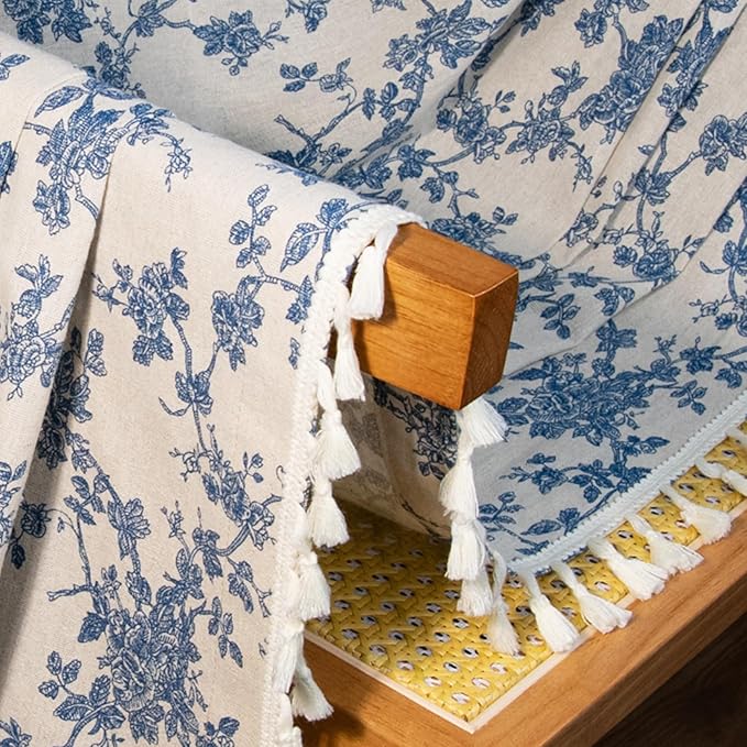 Vintage Blue Floral Curtains for Living Room 84 Inch Length Linen Blue Toile Curtain Rod Pocket French Country Drapes with Tassel Bedroom Window Curtain Set 2 Panels