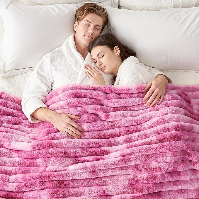 Cozy Bliss Faux Fur Throw Blanket for Couch, Cozy Warm Plush Striped Blanket for Sofa Bedroom Living Room, 60 * 80 Inches Tie-dye Pink