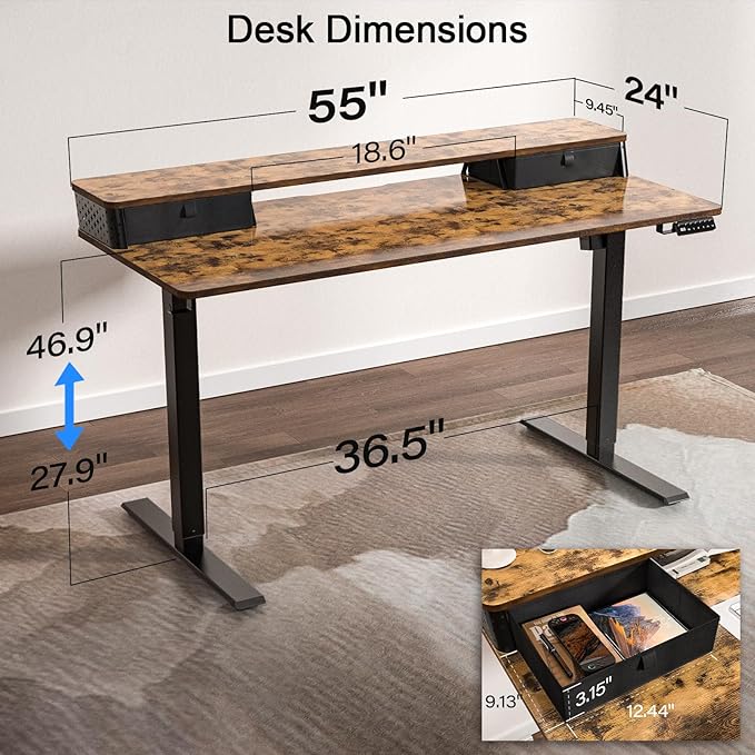 55 x 24 Inch Standing Desk with 2 Drawers, Easily Assembled Height Adjustable Desk, Ergonomic Sit to Stand Electric Desk for Home Office Workstation, Rustic Brown