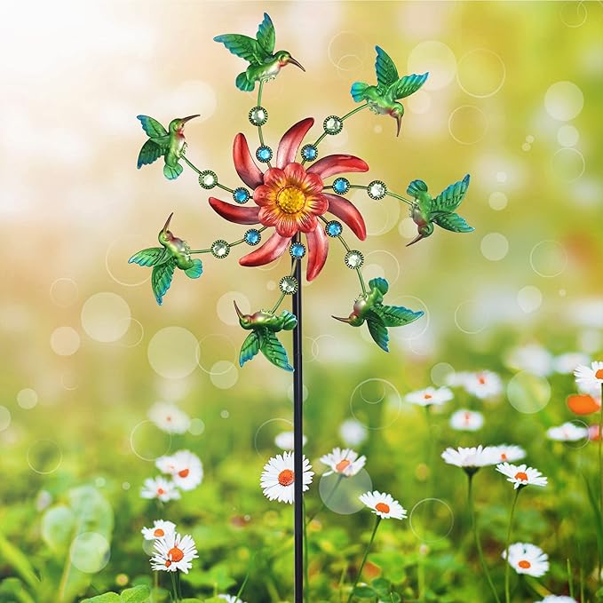 39" Hummingbird Wind Spinner for Yard and Garden Stake,Outdoor Metal Windmill Single Direction Wind Sculptures Kinetic Windmills for Yard Garden Decorations