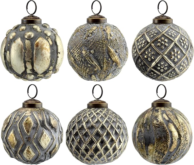 AuldHome Design Farmhouse Ball Ornaments (Set of 6, Antique Gold); Distressed Metal Glass Ball Vintage Style Christmas Decorations