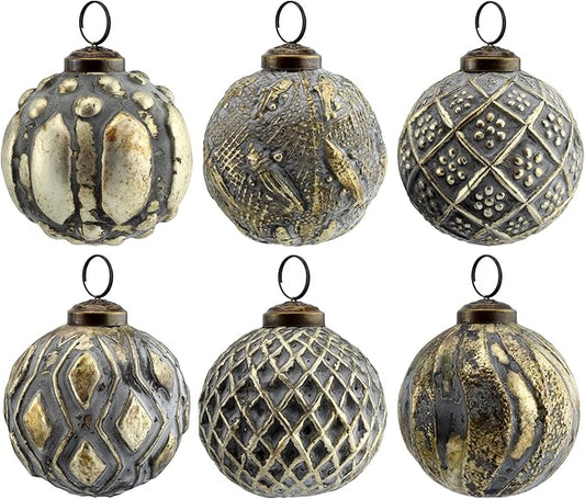 AuldHome Design Farmhouse Ball Ornaments (Set of 6, Antique Gold); Distressed Metal Glass Ball Vintage Style Christmas Decorations