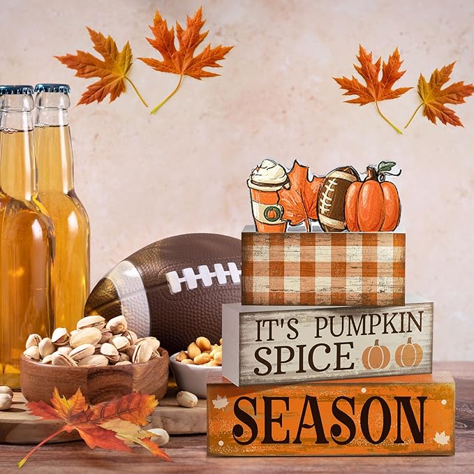4 Pcs Fall Football Decorations for Home Fall Table Decor Thanksgiving Tiered Tray Decor Decorative Football Maple Leaves Pumpkins Block Signs Farmhouse Autumn Centerpiece for Home Kitchen