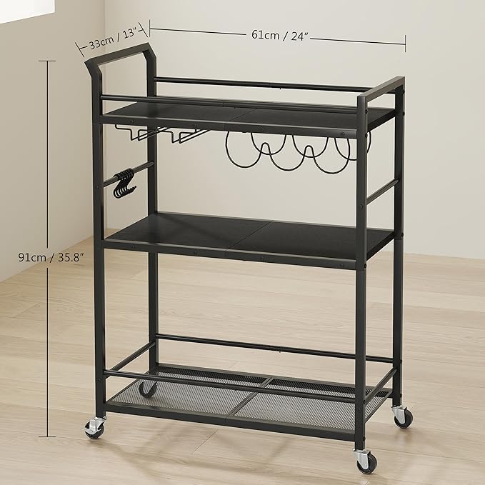 3 Tier Bar Cart, Home Bar Serving Cart with Wheels, Small Rolling Beverage Cart with Glass Holders, Mini Drink Cart with Wine Rack for Kitchen Dining Living Room Black GBC507B