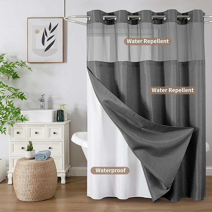 Colorful Star No Hook Shower Curtain with Snap in Fabric Liner, Waffle Heavy Duty Thick Shower Curtains with Mesh Top Window, Hotel Style Waterproof Bathroom Curtain Set, 72'' x 87'', Charcoal Grey